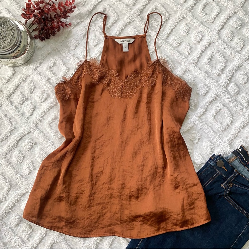 NINE WEST Rust Orange Silky-satin Lace Trimmed Cami